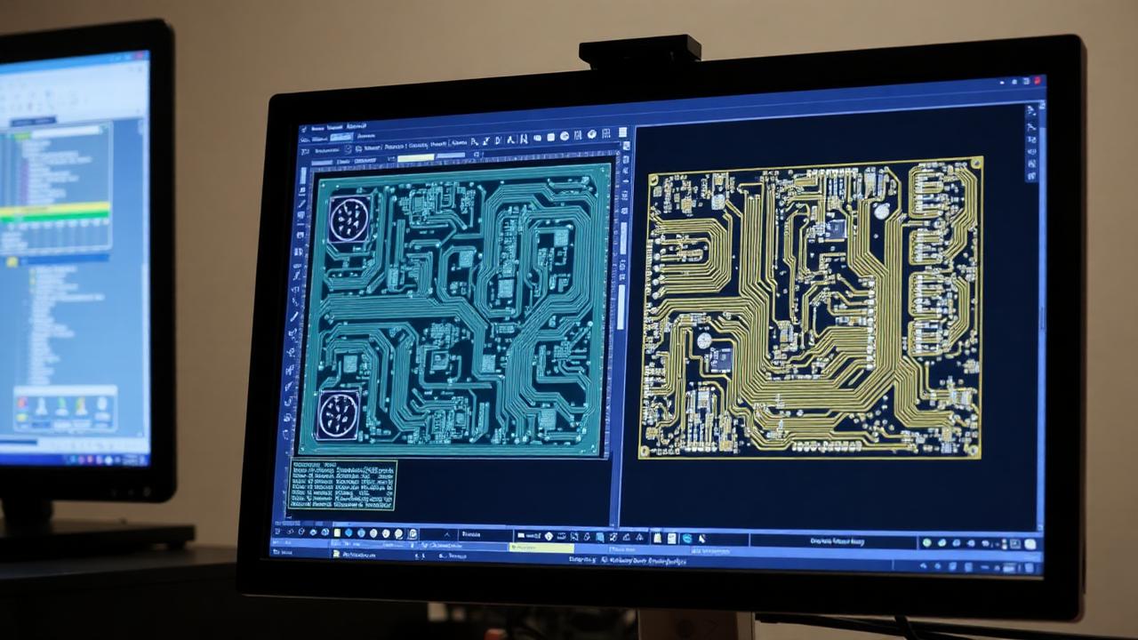 Bilgisayar ekranında PCB şematik ve layout tasarım yazılımı görüntüsü